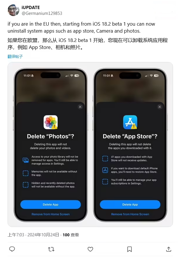 格尔木苹果手机维修分享iOS 18.2 支持删除 App Store 应用商店 
